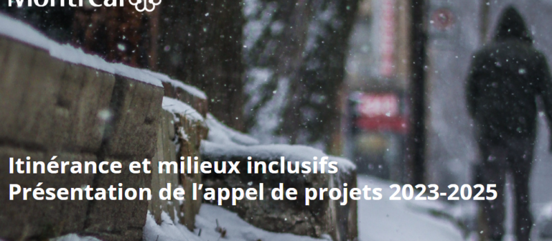 Photo floutée d’une personne de dos marchant dans la neige. Sur la photo nous retrouvons ce texte: Itinérance et milieux inclusifs - Présentation de l’appel à projets 2023-2025.