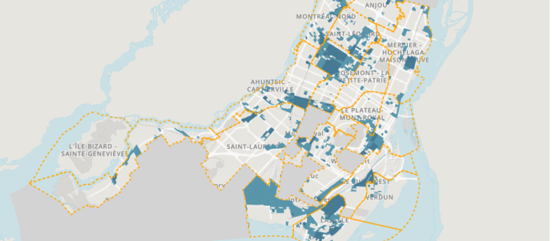 Cartographie de l’île de Montréal montrant des zones colorées en fonction de leur indice de vulnérabilité.