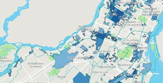 La carte de l'Indice d'équité des milieux de vie à Montréal montre les vulnérabilités urbaines à travers la ville. Les différentes nuances de bleu indiquent le niveau de vulnérabilité : les zones plus foncées représentent des niveaux plus élevés, tandis que les zones plus claires montrent des niveaux plus faibles. Les noms des arrondissements sont également visibles sur la carte.