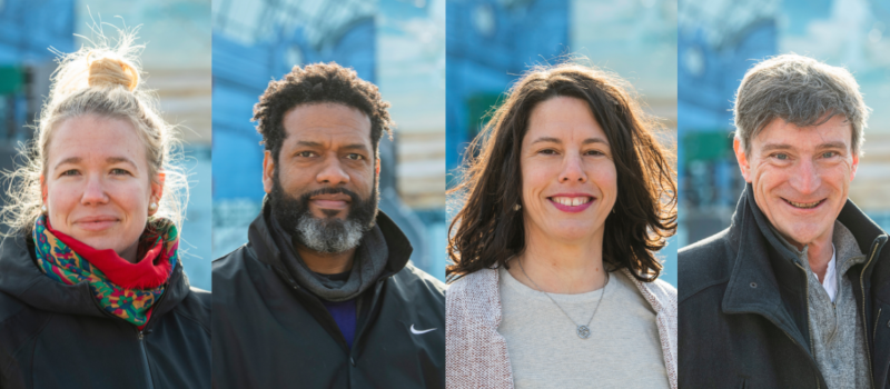 L’image montre quatre portraits des personnes mentionnées dans le texte, prises devant une murale bleue. De gauche à droite, on y voit les visages souriants de Margaux Bennardi de la Ville de Montréal, de Pierreson Vaval de la Coalition Pozé, d’Aline Bouffandeau d’Équijustice et finalement de Vincent Morel de la Société de développement social.
