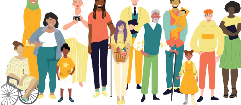 Une image montre un diagramme en forme de fleur avec un signe plus au centre. Chaque pétale de la fleur est étiqueté avec différents aspects de l'identité sociale telles que "Sexe", "Genre", "Handicap", "Âge", "Lieu de résidence", "Culture", "Revenu", "Orientation sexuelle", "Scolarité", "Race" et "Origine ethnique".