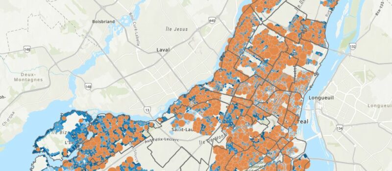 Carte de Montréal illustrant la répartition des personnes âgées de 65 ans et plus sur l’ensemble du territoire. Les zones sont représentées à l’aide de cercles et de couleurs permettant de visualiser les concentrations de personnes aînées dans les différents secteurs de la ville.