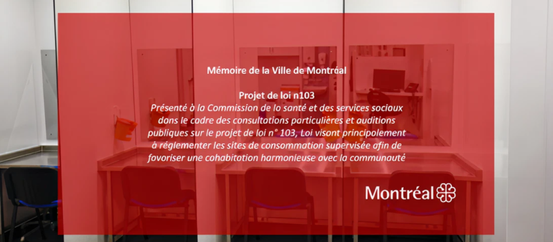 La page couverture présente une image en arrière-plan composée d’espaces de bureaux vides, juxtaposés les uns aux autres, évoquant un environnement institutionnel ou administratif. Au premier plan, un encadré rouge attire l’attention avec le titre suivant : « Mémoire de la Ville de Montréal – Projet de loi n°103 ». En bas de la page, le logo de la Ville de Montréal » souligne l’origine municipale du mémoire.