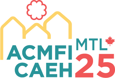  Logo de la Conférence nationale pour mettre fin à l’itinérance 2025, présentant les initiales ACMFI/CAEH, des silhouettes stylisées de maisons.